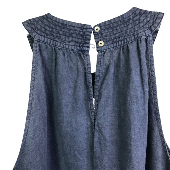 C&C California Mini Dress Womens M Blue Linen Sleeveless Keyhole Front High Neck - Picture 6 of 8